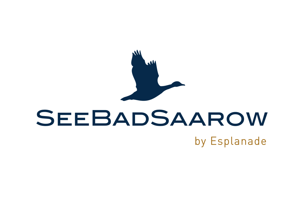blaues Logo des SeeBadSaarow by Esplanade mit Abbild fliegender Gans darüber